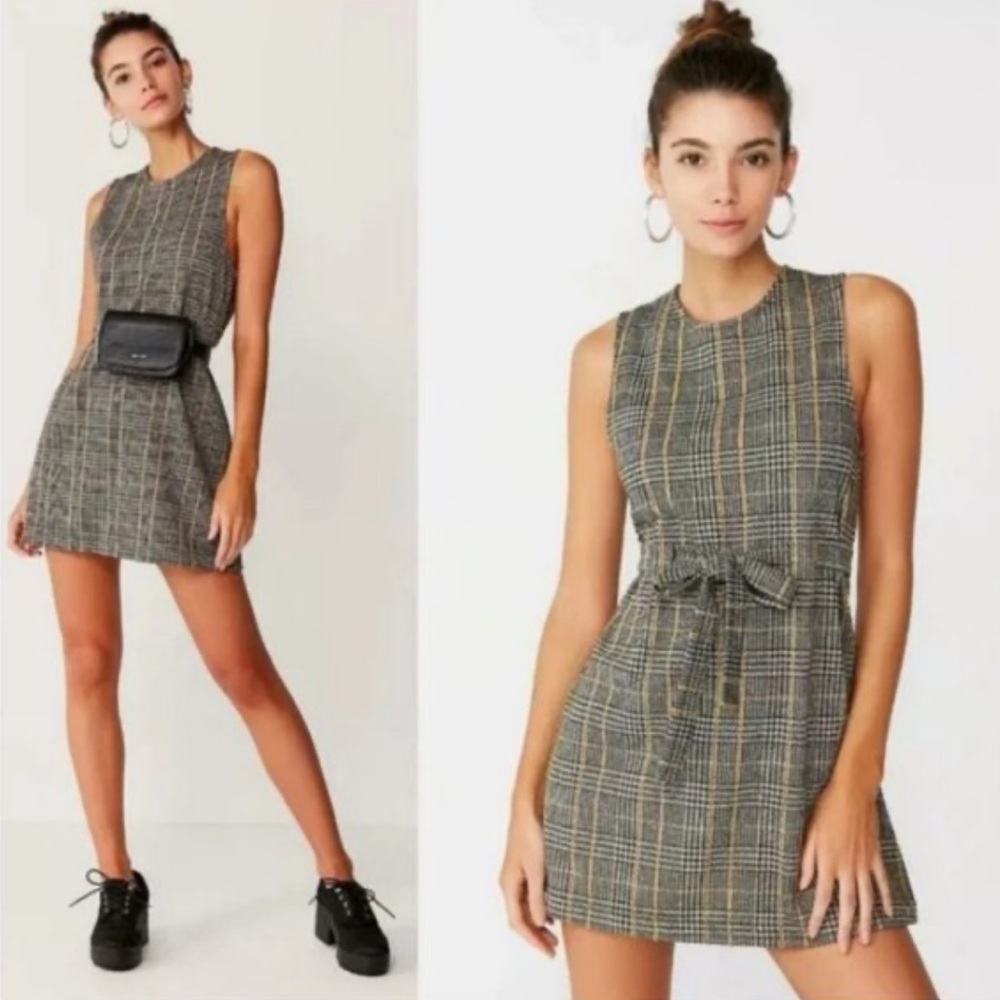 Urban Outfitters Yellow and Brown Plaid Tie Mini Dress